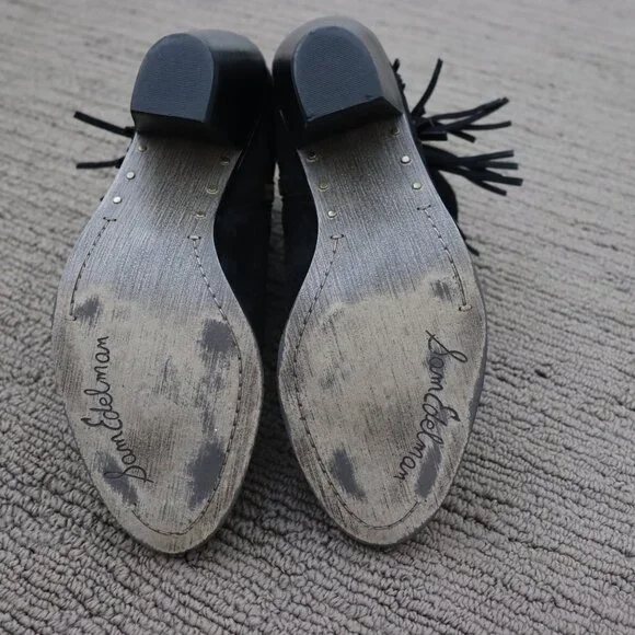SAM EDELMAN Louie Black Suede Fringe Cowboy Bootie Size 7.5 - Picture 6 of 9
